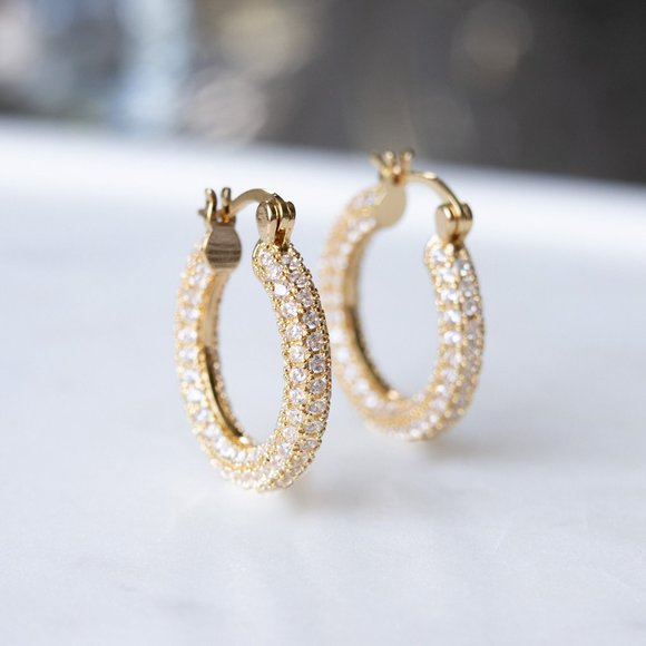 25mm Small Hoop Earrings, Diamond Huggie Earrings, Small Gold Hoop Earrings, - Picture 1 of 5